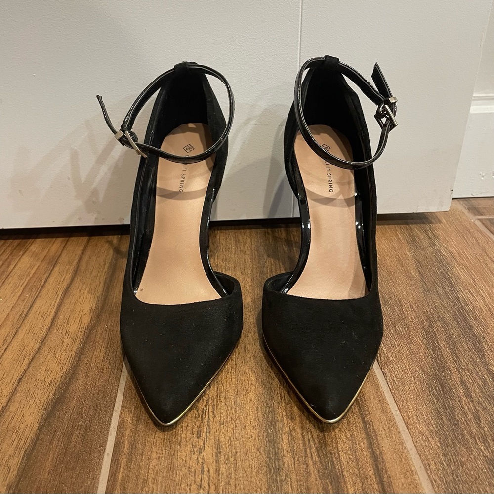 Call it Spring Black Ankle Strap Heels with Gold Accents